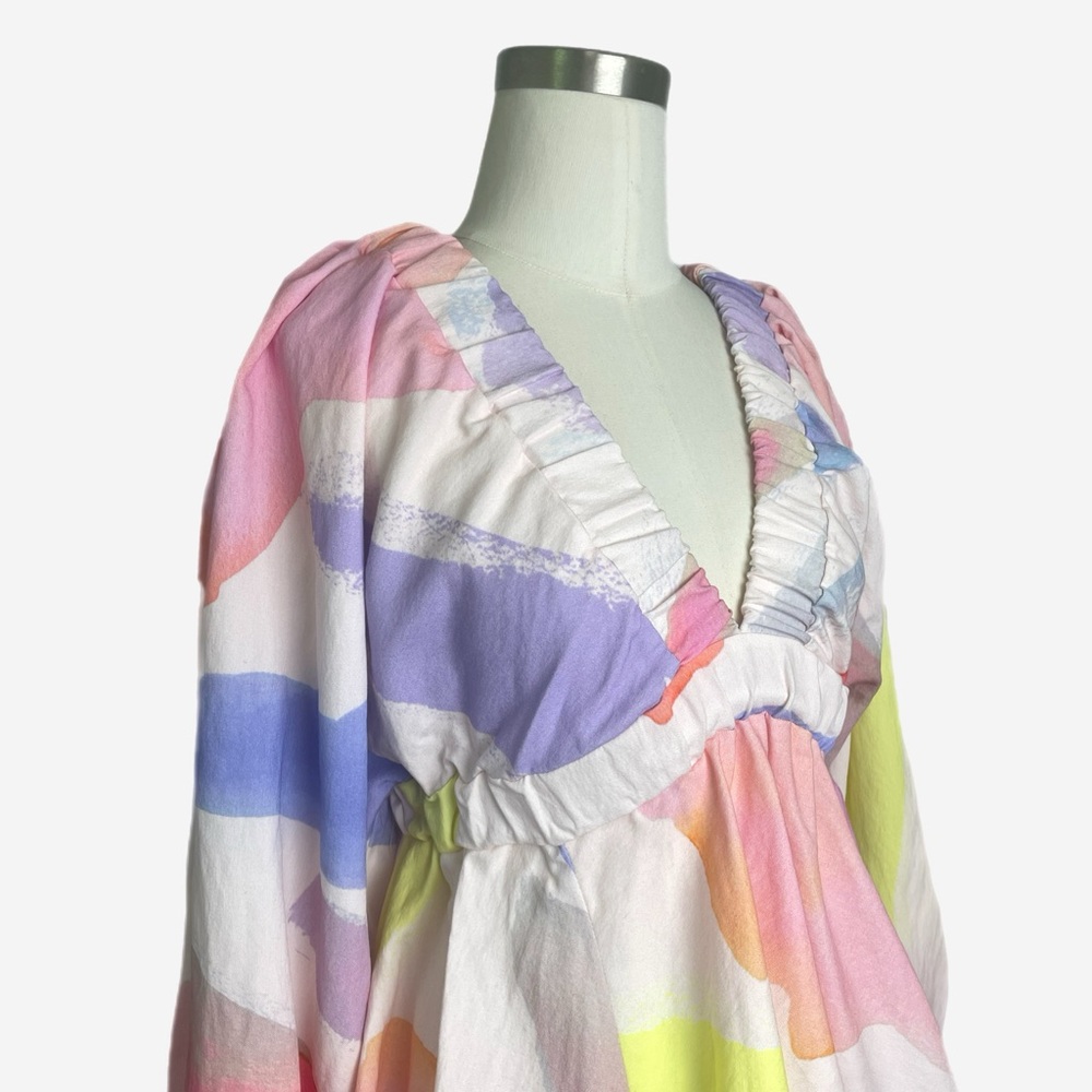 ASOS Structured batwing balloon sleeve mini dress watercolor abstract print 4 - Picture 2 of 10